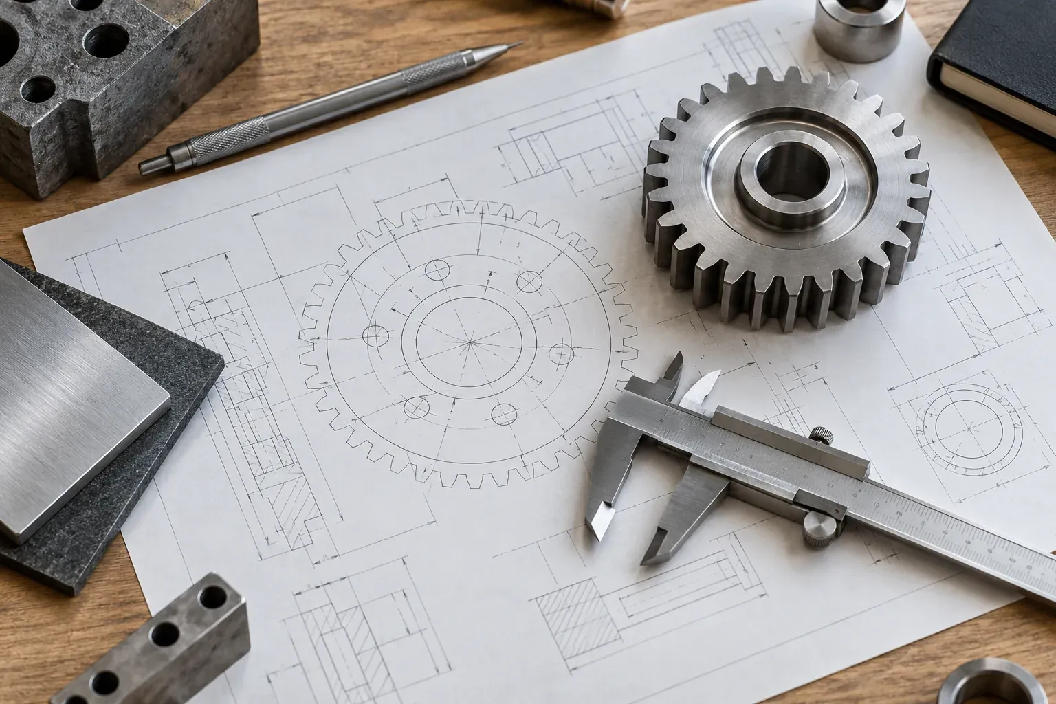 Teknik çizim üzerinde dişli, kumpas ve malzeme numunesi