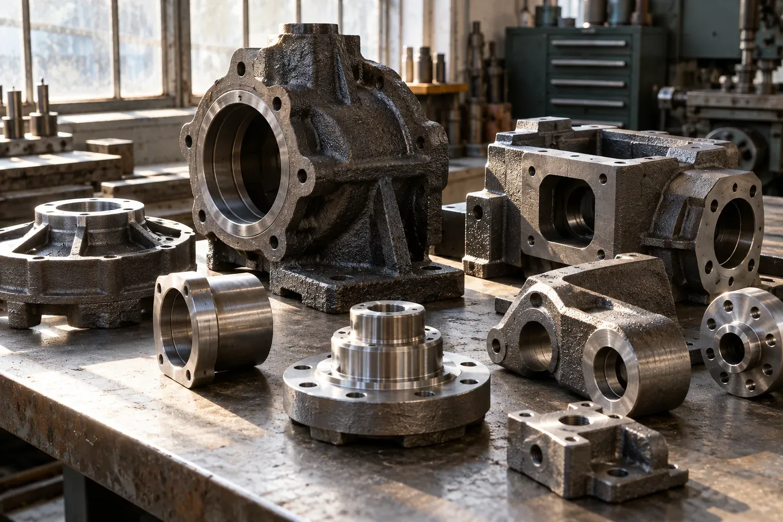 Çalışma tezgâhında döküm metal parçalar