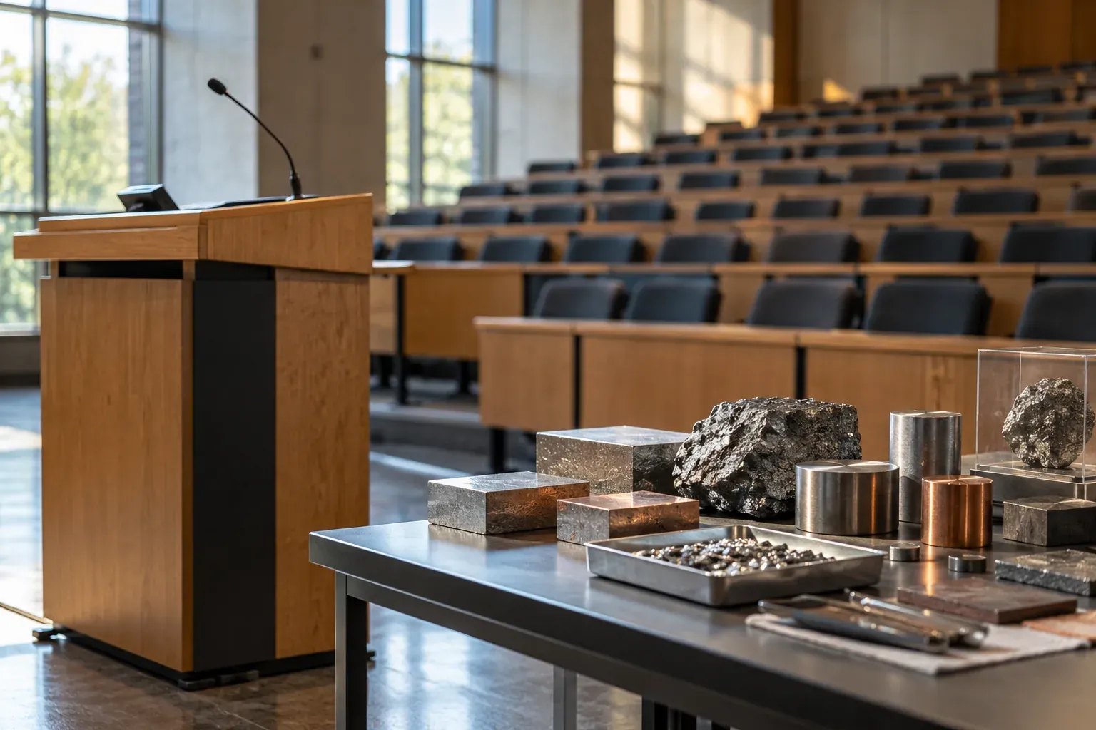 Metal numuneleri ve kürsü bulunan seminer salonu
